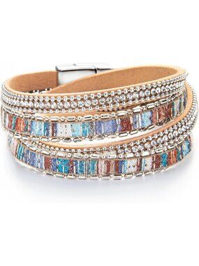 Women Multi Boho Leopard Multi Layer Crystal Beads Cuff Leather Wrap Bracelets